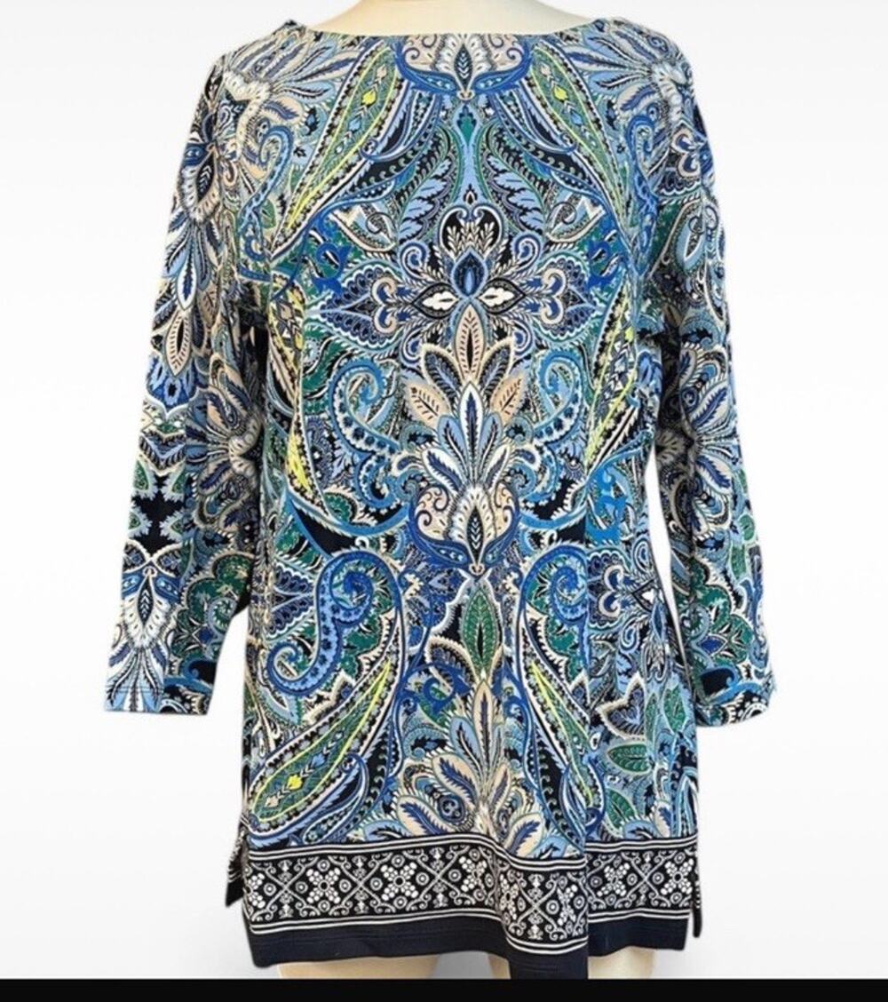 Rafaella Green Blue Paisley Boat Neck Split Hem Tunic 3/4 Sleeve Sz XL Old Money